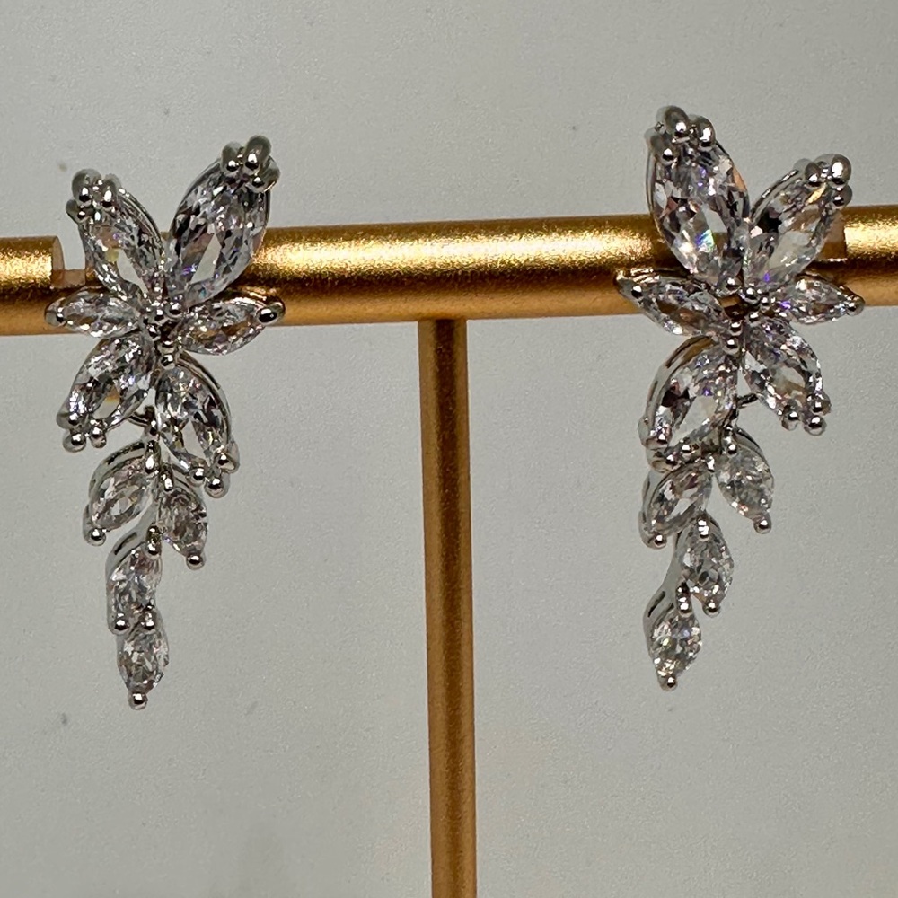 Silver Cubic Zirconia Floral Drop Earrings – Bridal Prom Wedding 1.5”